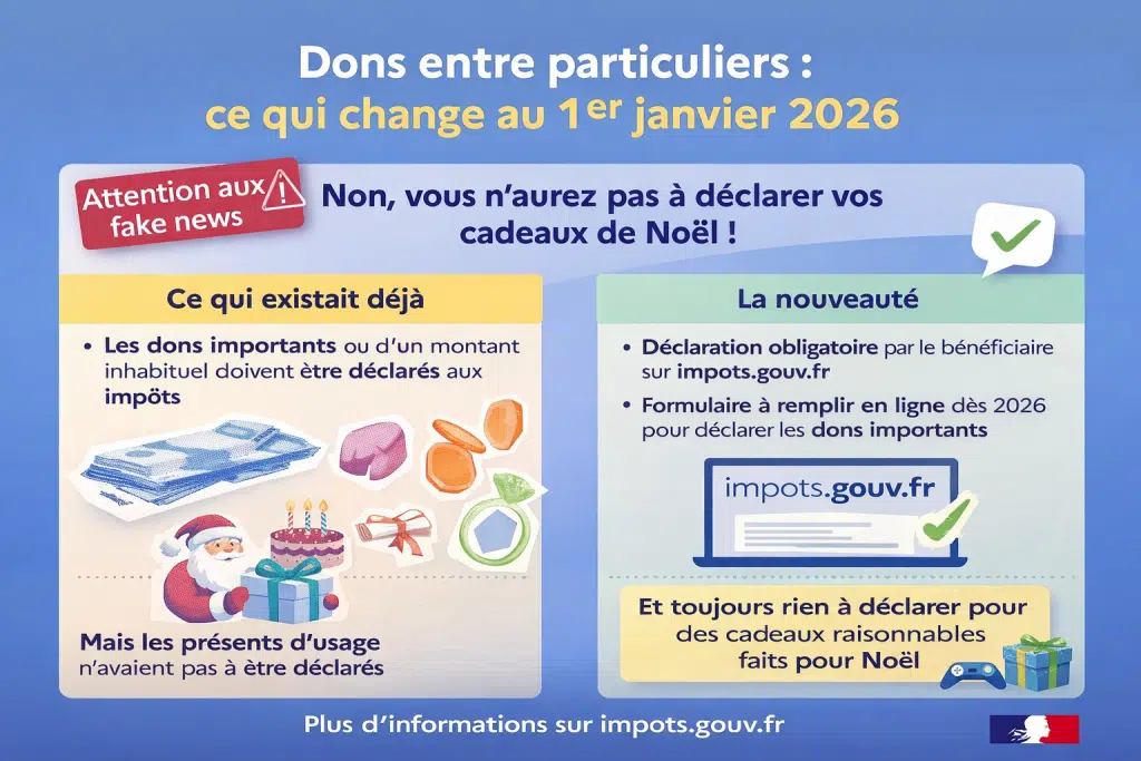 Dons entre particuliers déclaration en ligne obligatoire en 2026, les cadeaux de Noël pas visés 8 dons entre particulier fake news infogrpahie cadeau de noel 1er janvier 2026